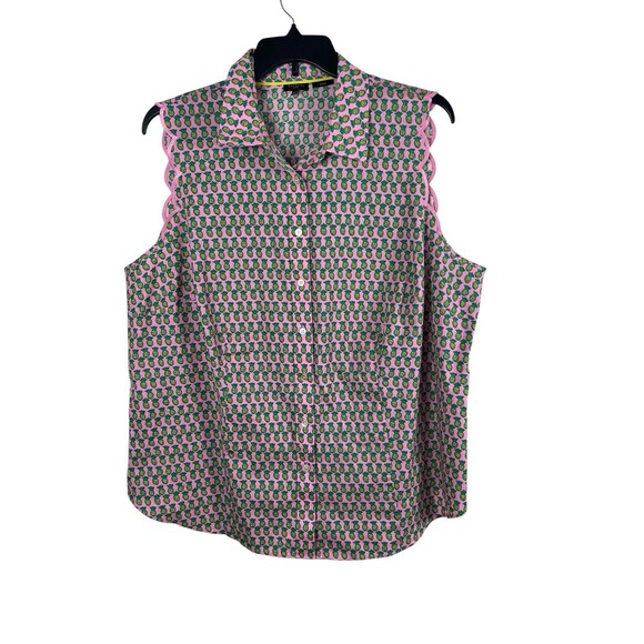 Talbots Pineapple Print Blouse Womens 20W Pink Green Sleeveless Button Up Top - Picture 2 of 9